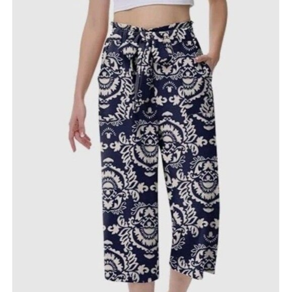 Luyaa Capri 2XL Women's Wide Leg Floral Elastic Waist High Rise Pockets New - Picture 1 of 3